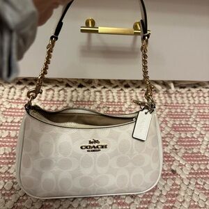 Coach Cream Signature Shoulder Bag with Gold Chain